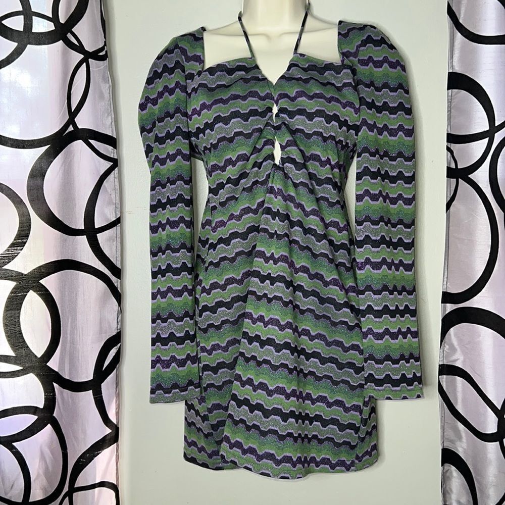 Vintage 90s Zara Green Purple Metallic Geo Striped Cutout Mini Dress Size M